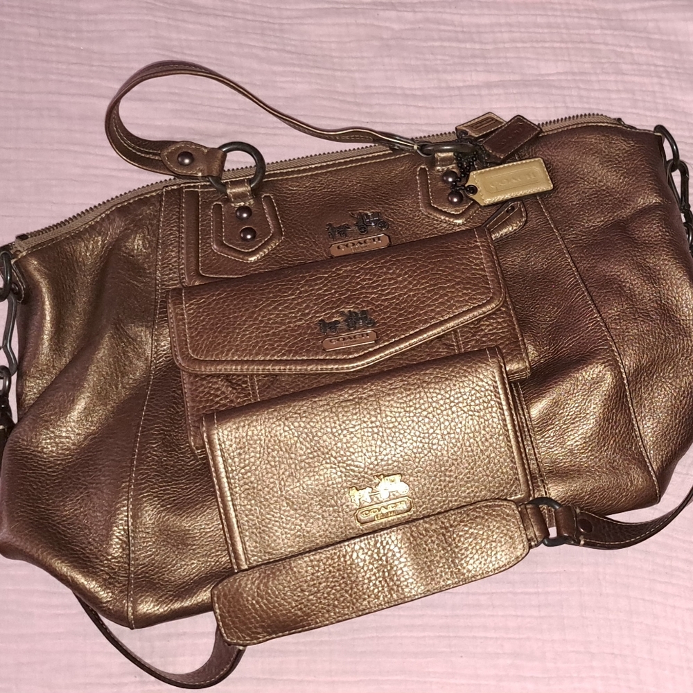 Coach Madison Claire Metallic Bronze Pebbled Leather Bag w/Wallet